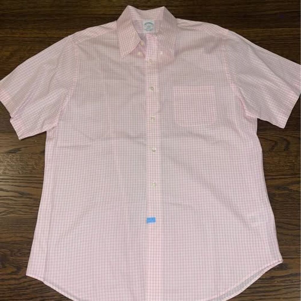 Large Brooks Brothers Men Button Down Dress Shirt Pink Plaid Casual Short Sleeve